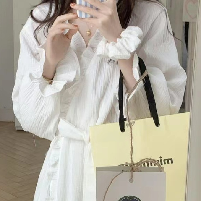 Long Sleeve Nightgown Women's Spring and Autumn Simple Ins Style Solid Color Korean Style Loose and Lazy Style Mid-Length Homewear Skirt