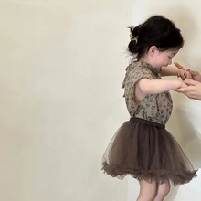韩版童装2023春季新款洋气甜美碎花背心时髦潮范棕色蓬蓬裙两件套