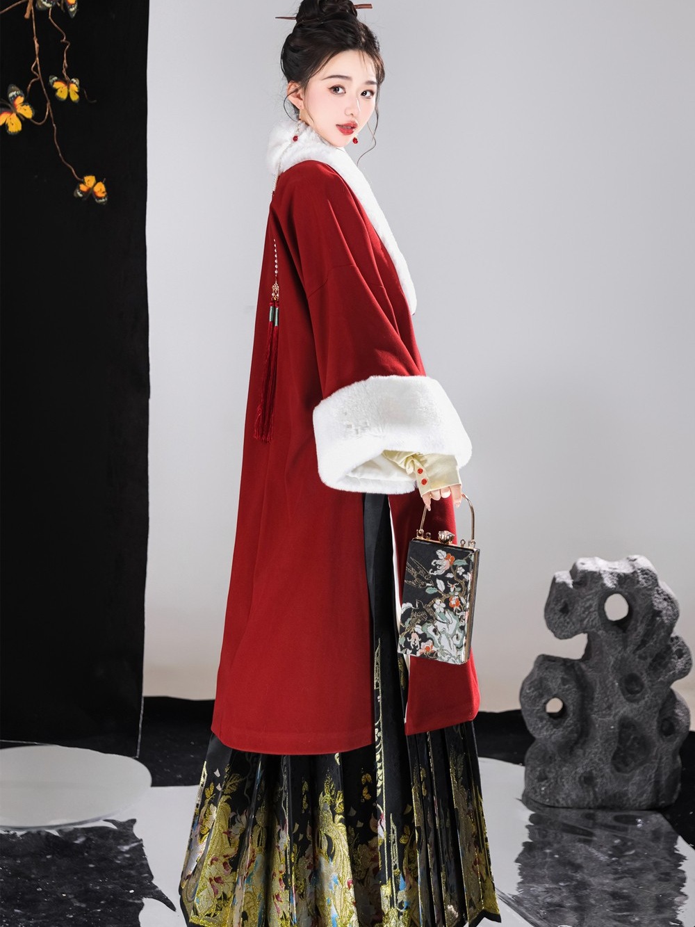 qingchengyin new original hanfu women‘s red fur clothes makeup flower vest skirt suit han element new year greeting clothes wedding clothes