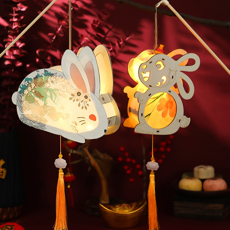 新年元宵节玉兔小灯笼儿童手提发光 diy手工制作材料包兔子灯花灯