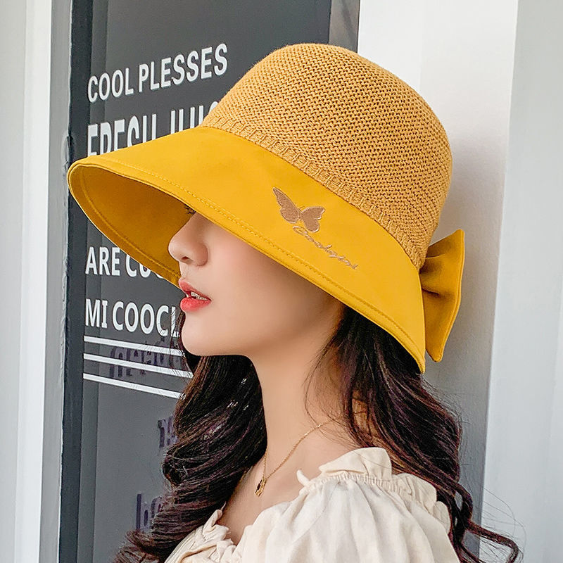 Spring and Summer Beach Sun Protection Fisherman Hat Summer Sun Protection Female Sun Hat Bow Seaside Holiday Hollow-out Straw Hat