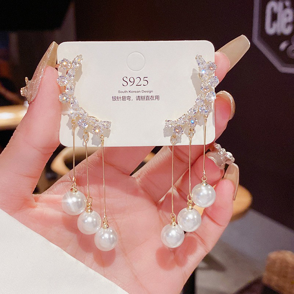 Korean New Style Earrings Fairy 925 Silver Needle Pearl Tassel Ear Clip Earrings Fashionable Temperament Earrings Personalized Earrings for Women
