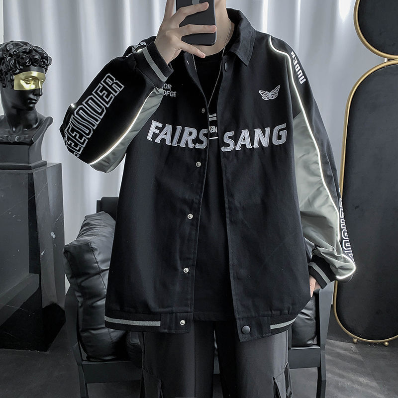 2020春秋季休闲反光夹克棒球服男学生宽松百搭帅气潮方领外套上衣