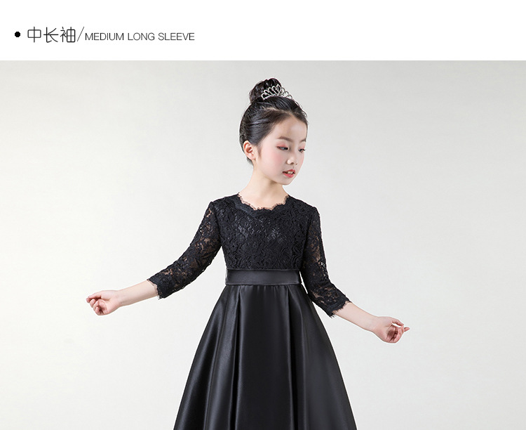 女童礼服钢琴表演礼服裙小学生缎面音乐演奏六一儿童节黑色演出服