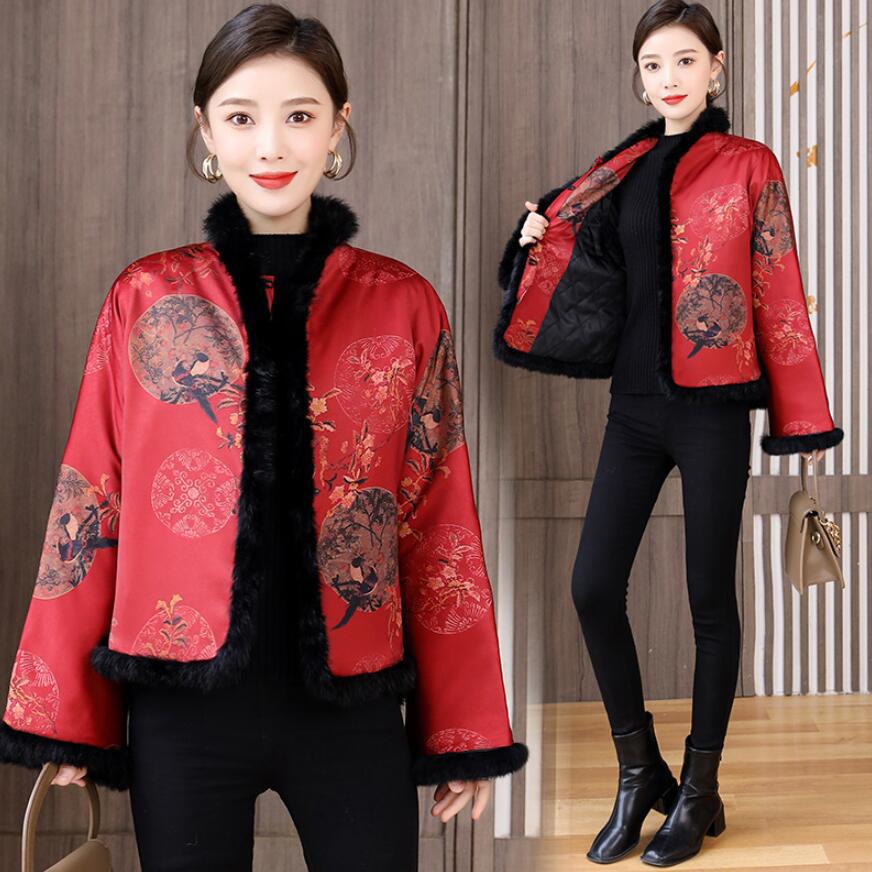 【特价清仓】小个子中年女装獭兔毛喇叭袖开襟夹棉唐装短棉衣服女