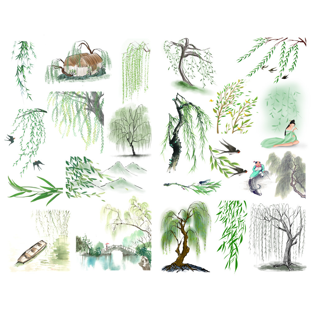 水墨杨柳树学生手工装饰书本笔记手账素材手帐贴纸儿童贴画-阿里巴巴