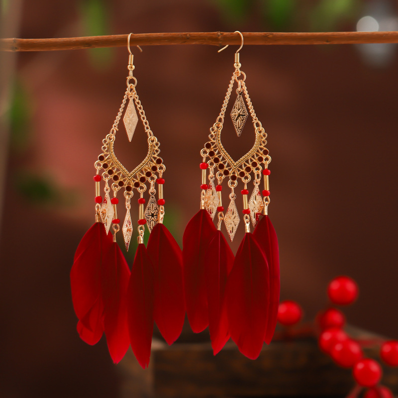 Amazon Sources Color Fan-Shaped Tassel Feather Earrings Women's Long Bohemian Bead European and American Earrings Wholesale