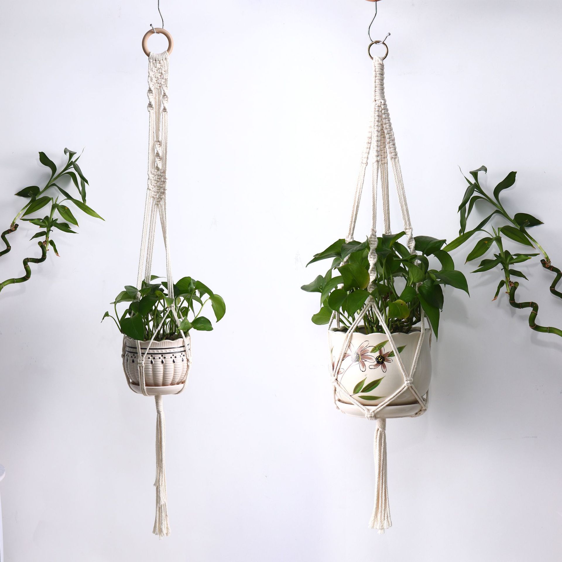 Handmade Hanging Plant Bracket Basket Support Decorative Jardiniere Bohemian Cotton String Tassel Cradle and Flower Pot Net Pocket