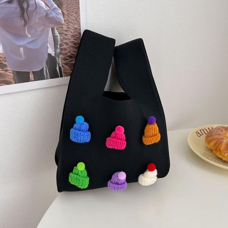 Christmas Hat All-Match Knit Handbag Handmade Colorful Flower Knitted Handbags Women's Tote Bag New Year Bag