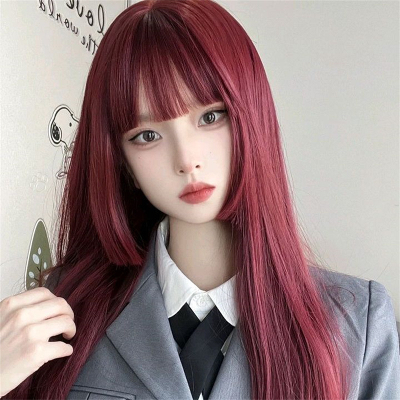 tiktok live with goods wig female wine red long hair jellyfish head internet celebrity same princess cut long straight hair head cover
