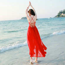 夏新款开叉露背吊带雪纺连衣裙海边度假红色修身性感波西米亚长敬