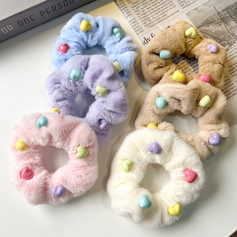 Korean Style Autumn and Winter Plush Candy Color Love Large Intestine Hair Ring Cute High Elastic Hair Bands Furry Thickened Hair Accessories for Women