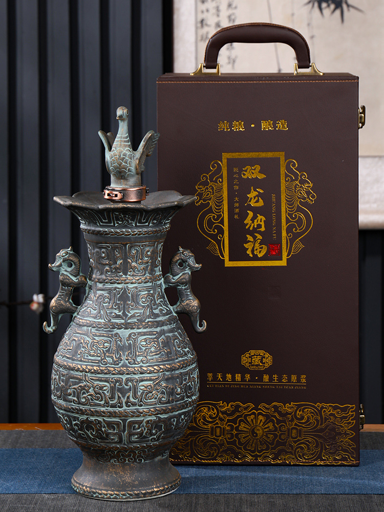 景德镇仿古陶瓷酒瓶五斤装 仿青铜器双龙纳福5斤装收藏空酒坛子
