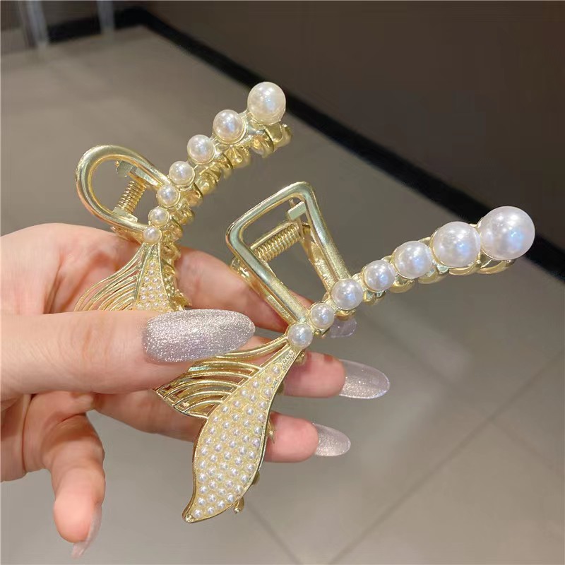 韩版珍珠鱼尾发夹优雅气质抓夹新款鲨鱼夹 后脑勺盘发夹子女头饰