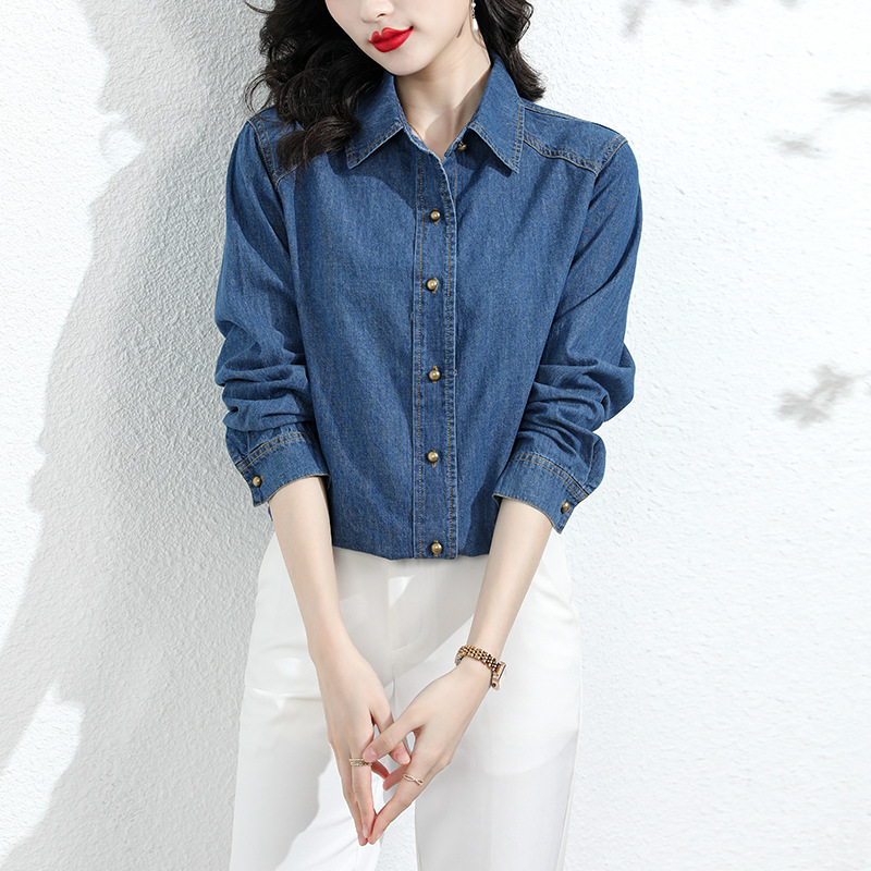 纯棉牛仔衬衫中老年女士春秋新款长袖上衣服妈妈装宽松全棉衬衣潮