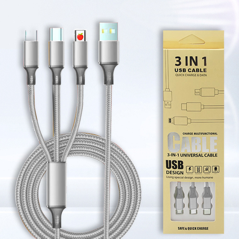 Factory Wholesale Multi-Head 3a Fast Charge Three-in-One Data Cable Nylon Woven Three-in-One Mobile Phone Charging Cable Three-Purpose