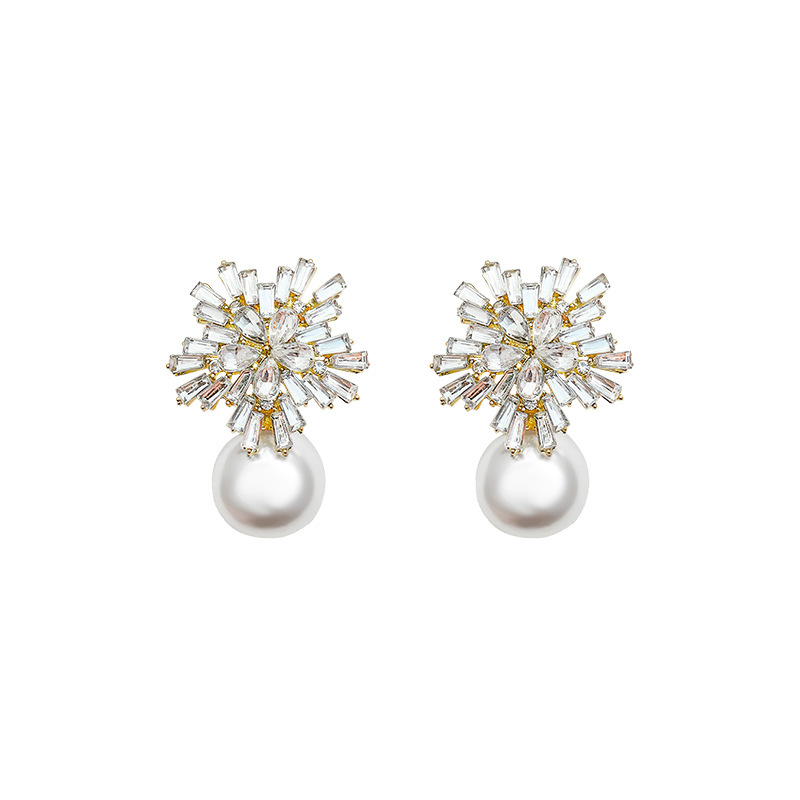 Retro Exquisite Full Diamond Snowflake Pearl Earrings for Women Special-Interest Design High-Grade Earrings Temperament Personality Affordable Luxury Earrings