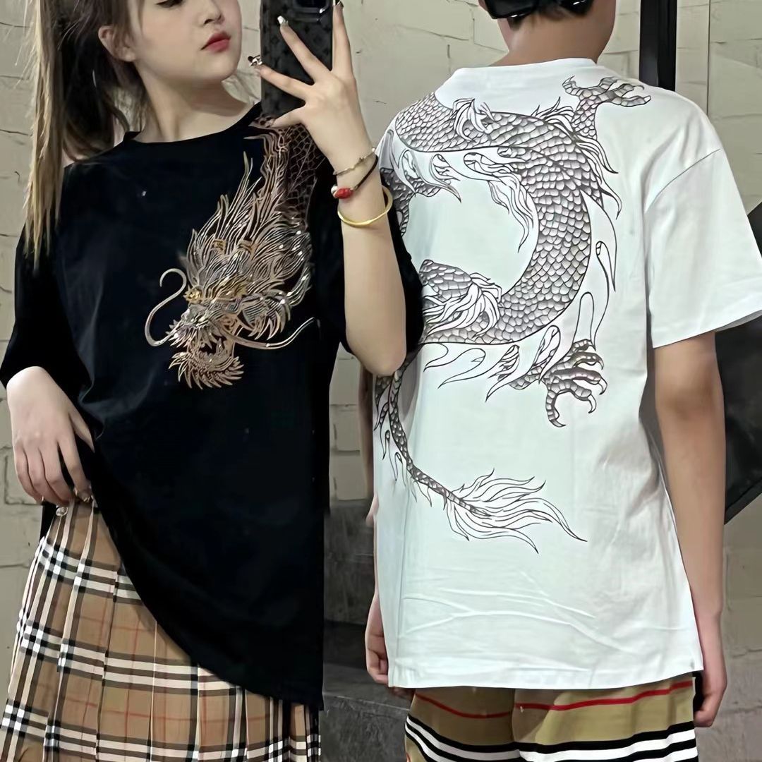 过肩龙短袖t恤男女情侣夏季新款纯棉烫钻半袖体恤时尚潮牌上衣服