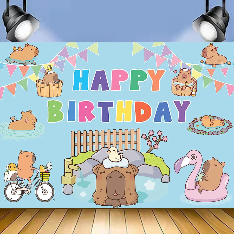 新款卡通水豚主题婴儿生日派对拍照横幅装饰用品亚马逊摄影背景布