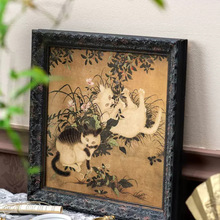 嬉春图法式中国风复古新中式猫咪进口实木外框装饰画卧室壁画挂画
