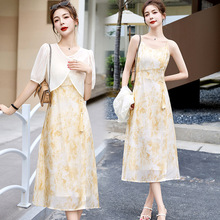 新中式国风吊带连衣裙女夏季感复古气质显瘦改良旗袍裙两件套
