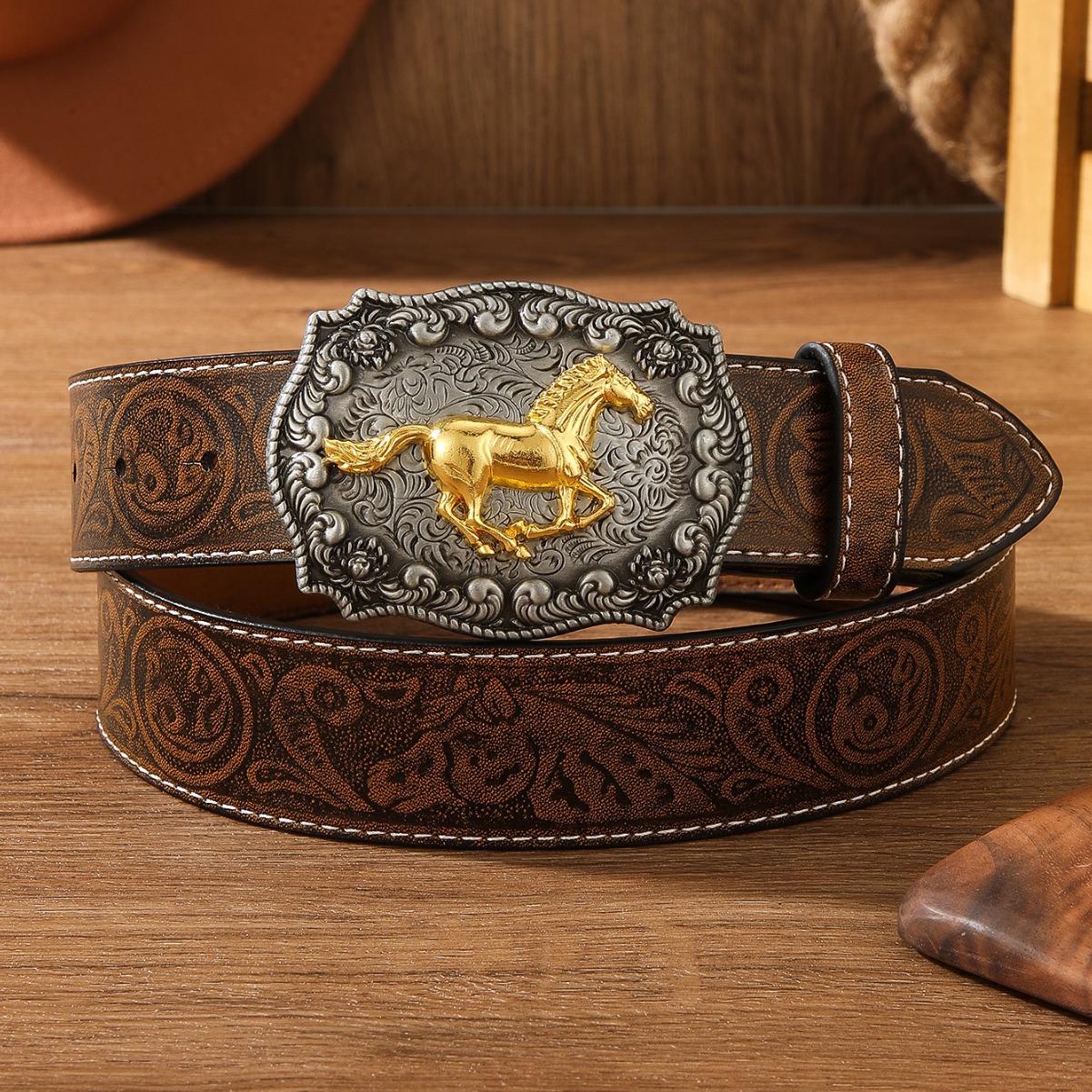 唐草花纹跑马马头动物压花长角小牛头pu皮革皮带美国西部牛仔腰带