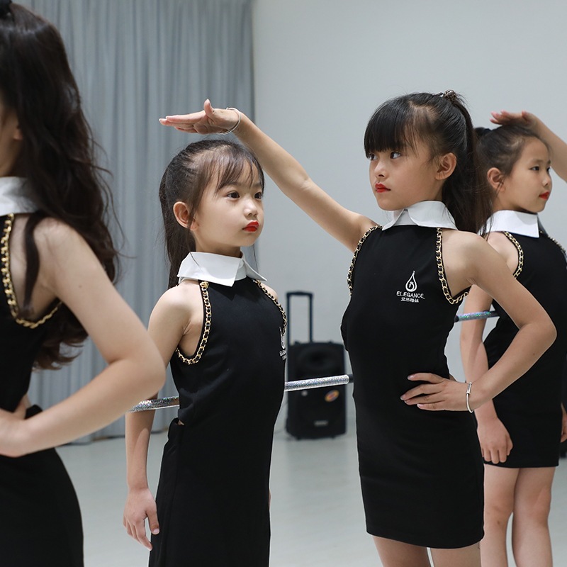少儿形体礼仪服模特走秀训练服模特漏背练功服女童t台纱裙演出服