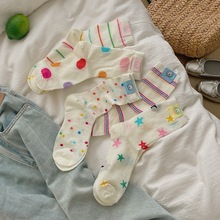 春夏彩色系布标中筒袜子女ins潮波点条纹薄款小狗堆堆袜可爱透气
