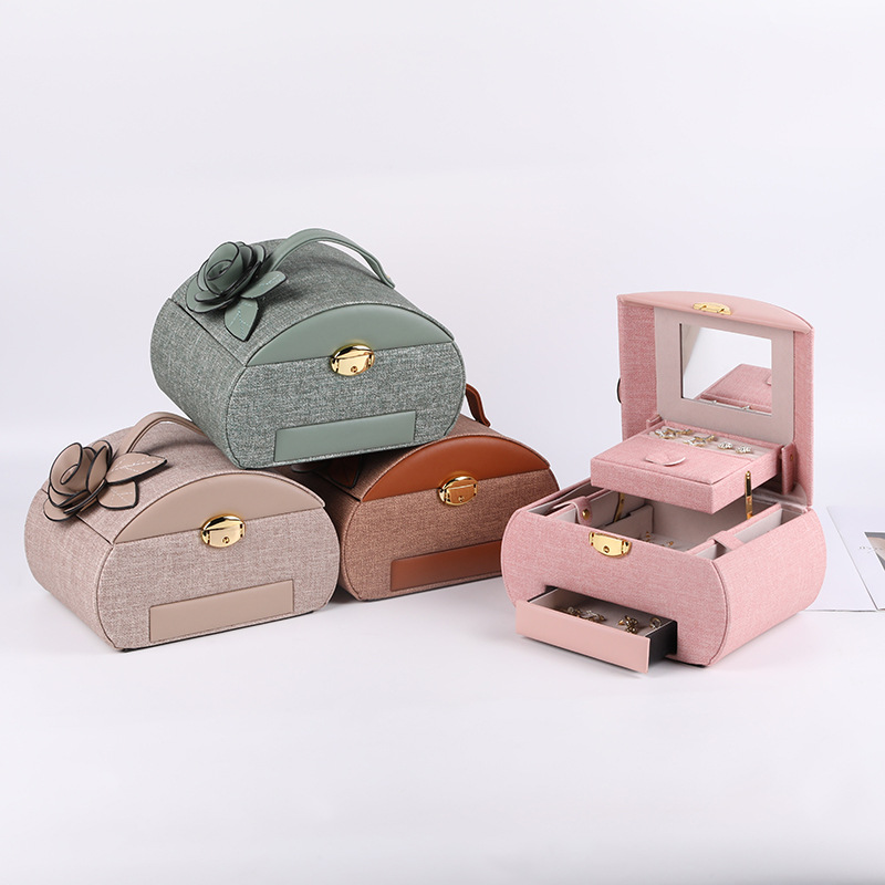 Korean Layered Dustproof Desktop Cosmetics Storage Box PU Leather Jewelry Box Wholesale Earrings Necklace Jewelry Box