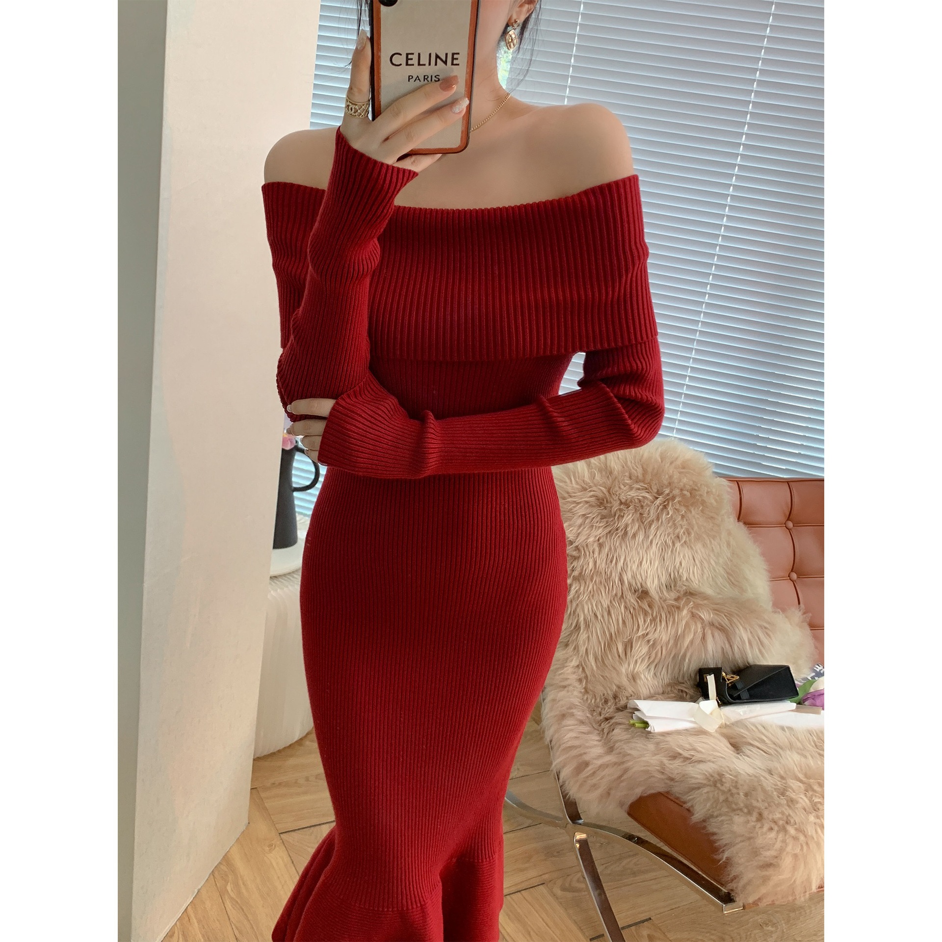 尽显曼妙 三色一字肩鱼尾裙秋新款修身收腰气质针织裙--阿里巴巴