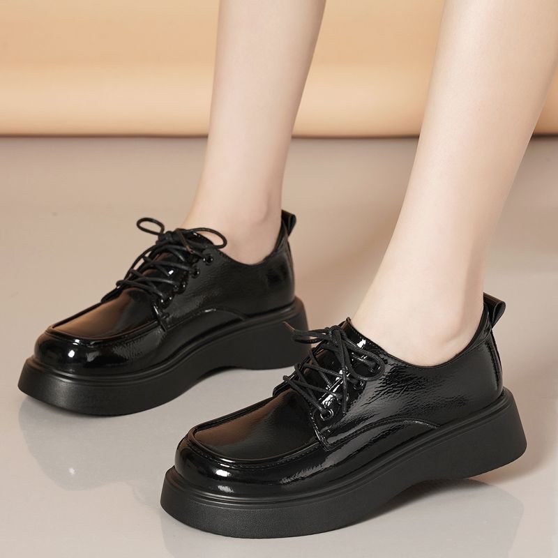 乐福鞋女2023新款厚底英伦风真皮黑色小皮鞋系带软皮软底时装鞋女