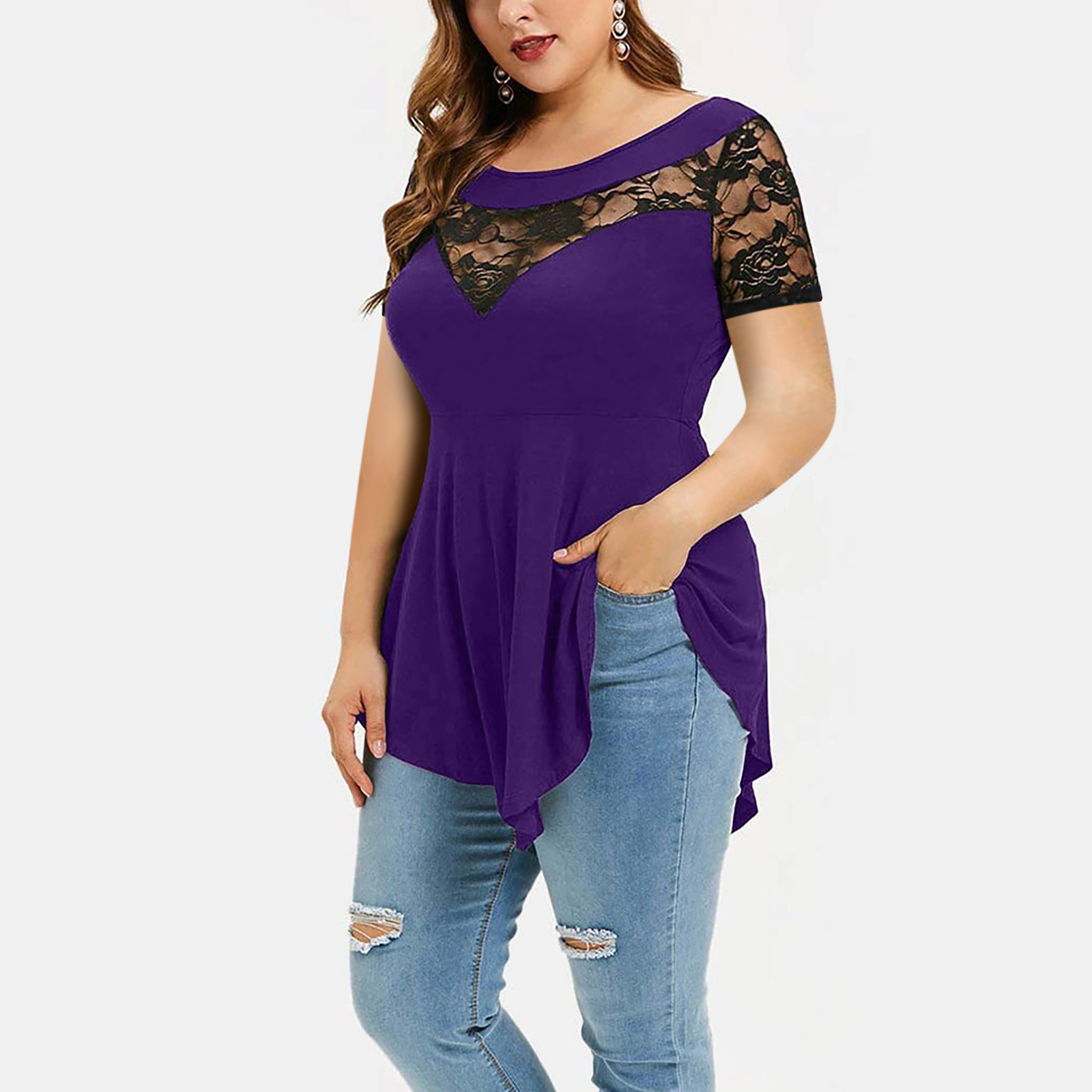 Cross-Border Foreign Trade New Women's Clothing plus Size Flower Lace Short Sleeve Irregular Hem See-through round Neck Women's Top Women Clothes