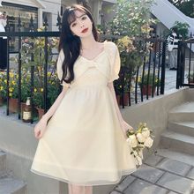 法式复古设计感网纱拼接公主裙女夏季奶油黄甜美气质泡泡袖连衣裙