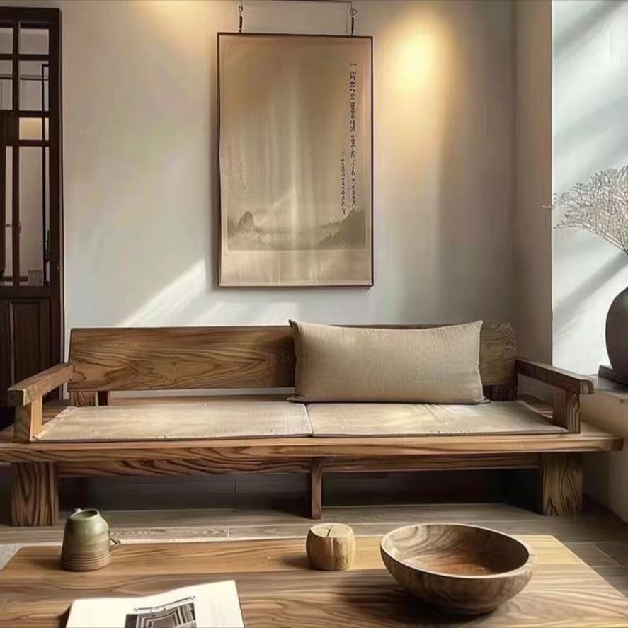 侘寂风复古沙发老榆木纯实木沙发民宿家用靠背沙发客厅原木沙发