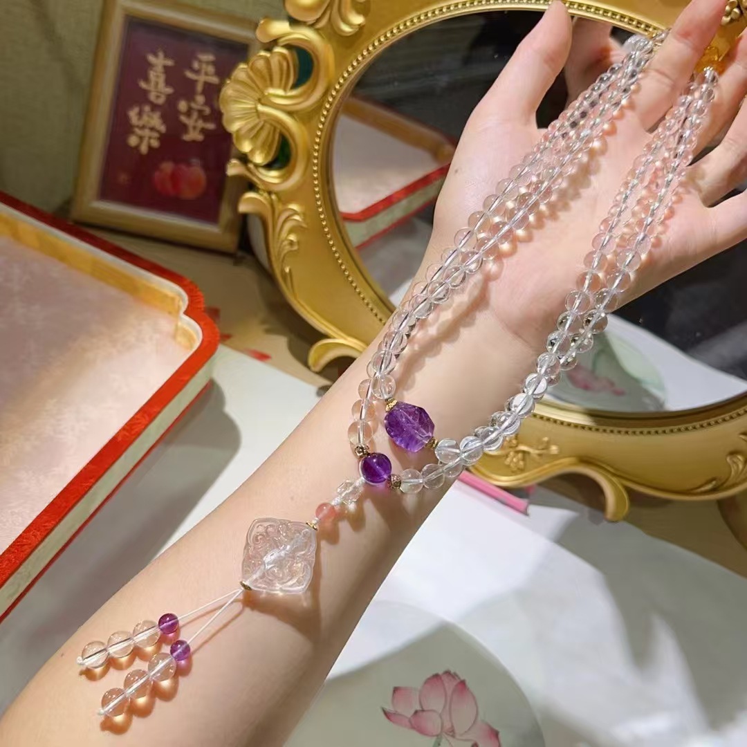 天然白水晶108颗佛珠手链搭配蜜蜡,紫水晶,南红,白水晶九尾狐
