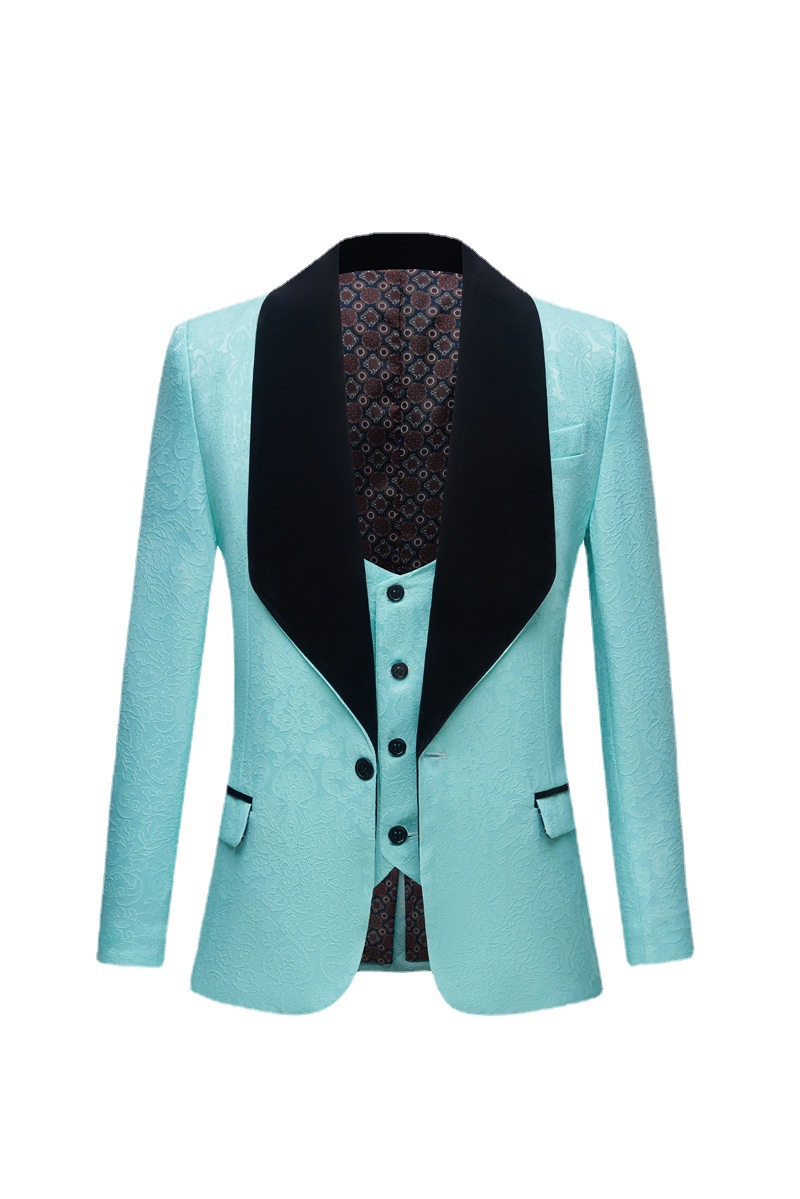 欧美英伦爆款娃娃领青色提花西服男士礼服主持人影楼服装绒布领子