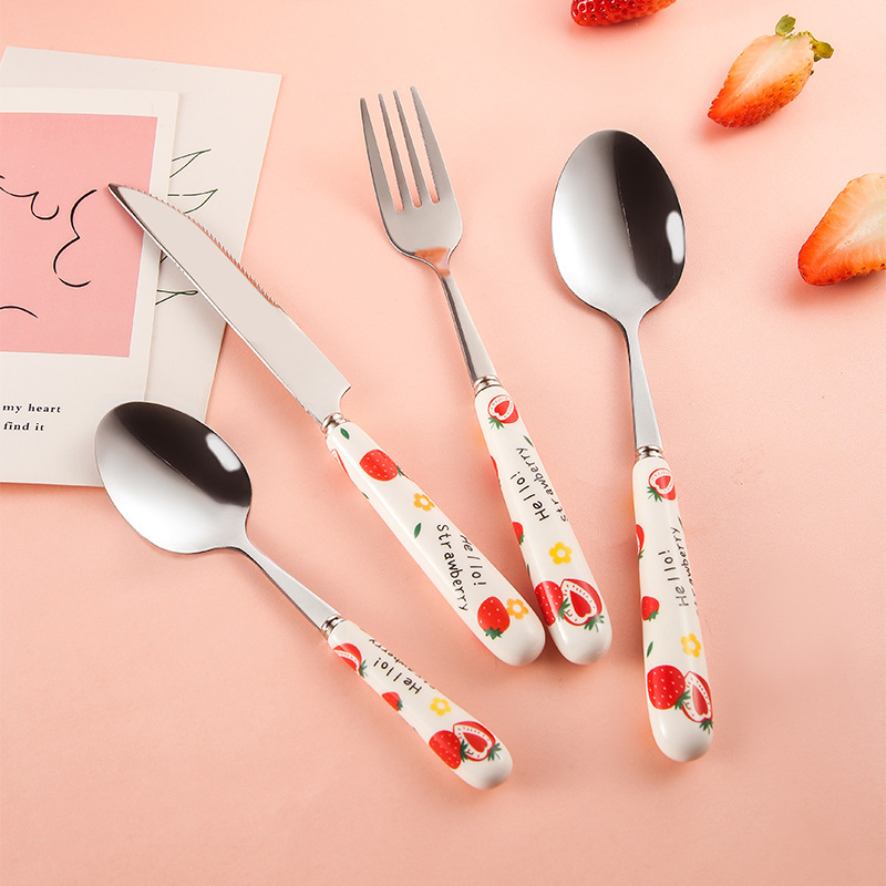 Stainless Steel Tableware Cute Cartoon Teenage Girl Heart Strawberry Porcelain Handle Main Meal Knife, Fork and Spoon Spoon Factory Wholesale Spot