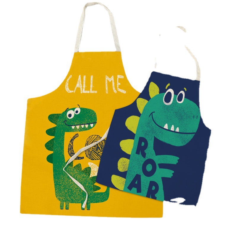 New Cartoon Dinosaur Apron Creative Couple Kitchen Cotton and Linen Apron Support Picture Can Be Set Factory Direct Sales