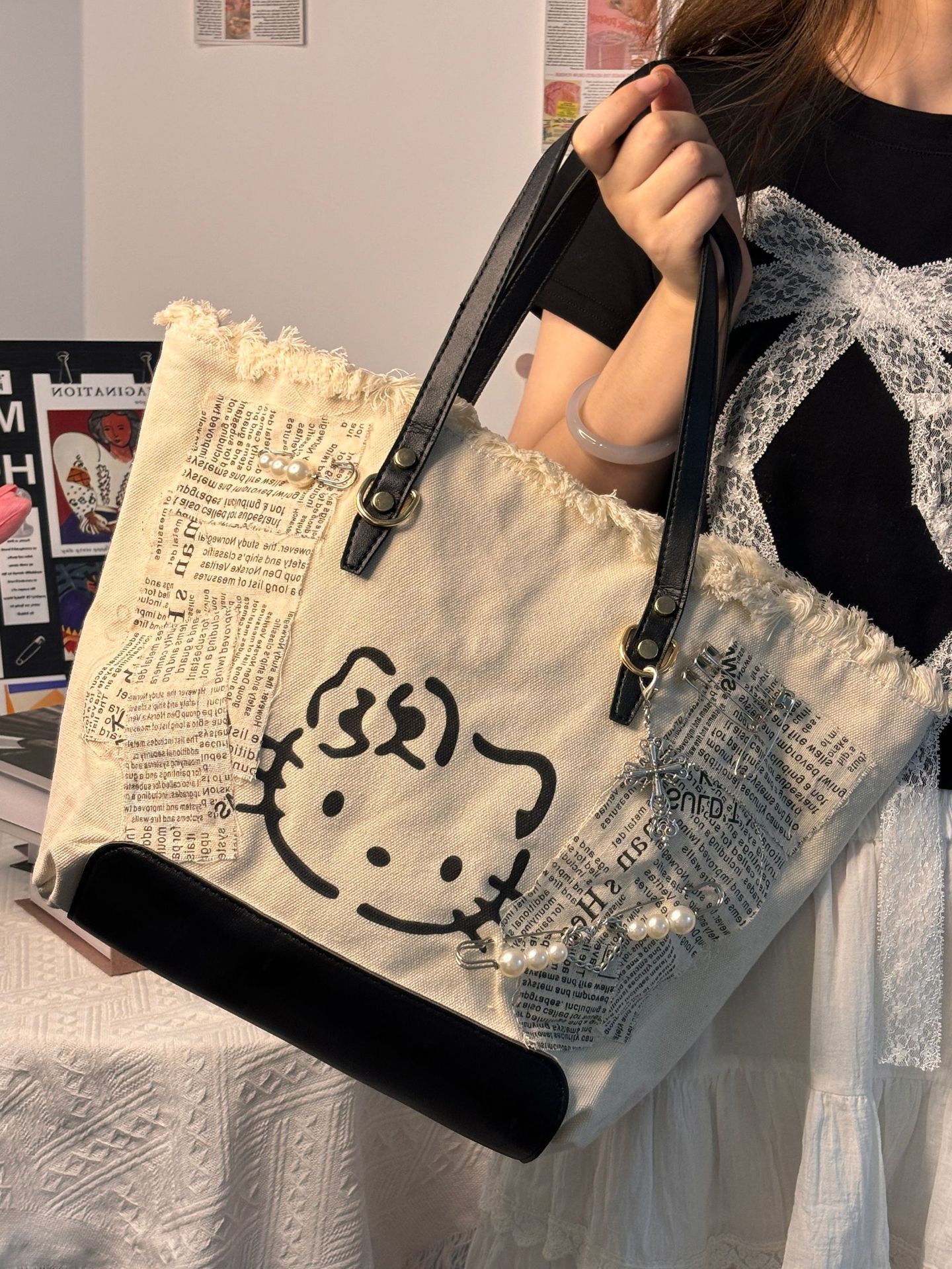 外贸可爱猫咪帆布包韩版包包女士手提包简约时尚帆布单肩包布包