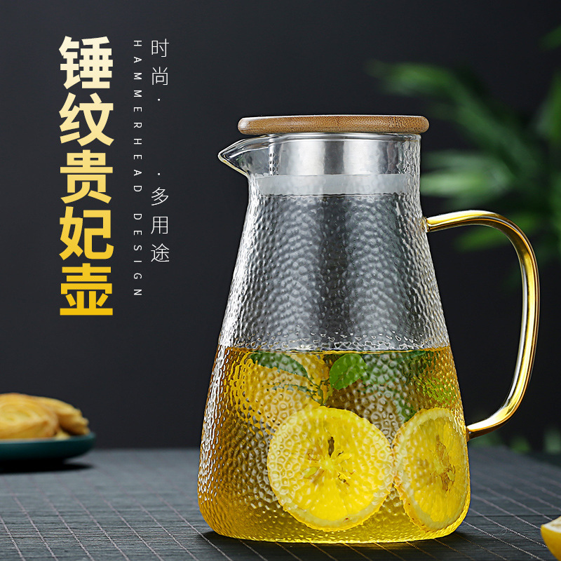 Borosilicate Glass Cold Water Bottle Household Hammered Bamboo Covered Steel Lid Water Pitcher Household Cold Boiled Water Glass Water Bottle