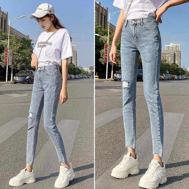 牛仔裤女2021新款破洞九分裤韩版修身显瘦紧身弹力小脚铅笔女裤子