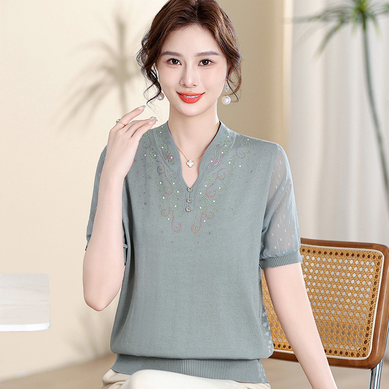 2024春夏季新款中老女装妈妈装时尚半开领短袖套头衫t恤通勤款