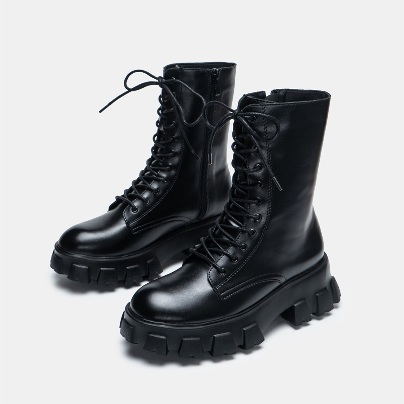 马丁靴女英伦风2024新款短筒机车靴系带圆头黑色骑士靴女厚底短靴