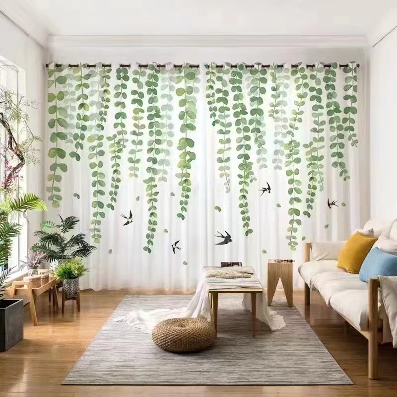 k532批发田园风清新柳条数码印花半遮光窗帘纱帘阳台卧室客厅女孩