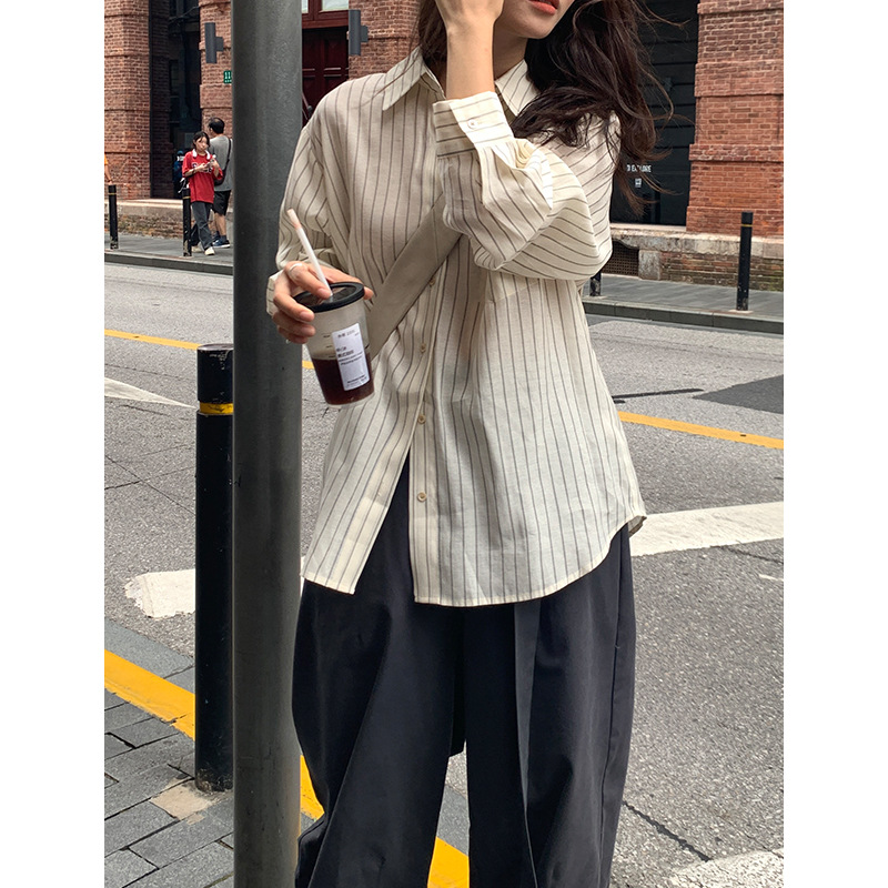 the mind striped long-sleeved shirt for women 2024 early spring 13 lines new korean casual top a8016