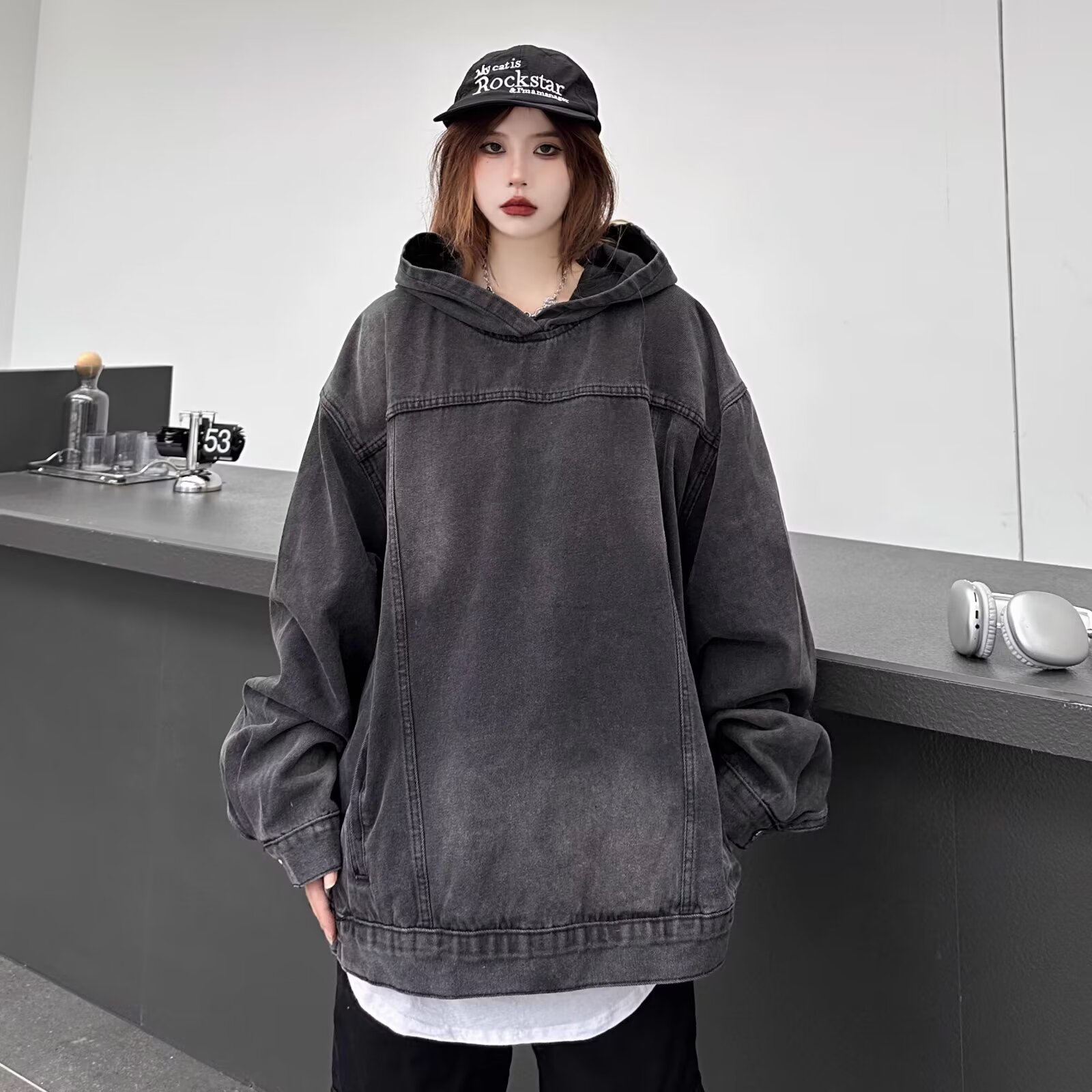 夹克衫渐变潮男街头小众设计感水洗连帽牛仔卫衣情侣外套一件代发