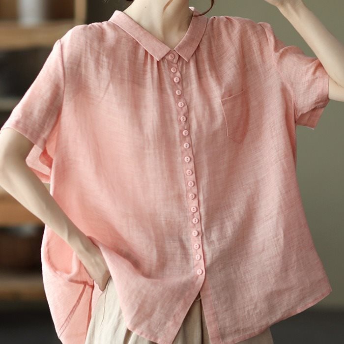 胖妹妹宽松上衣亚麻小衫夏季大码女装民族风气质休闲短袖棉麻衬衫