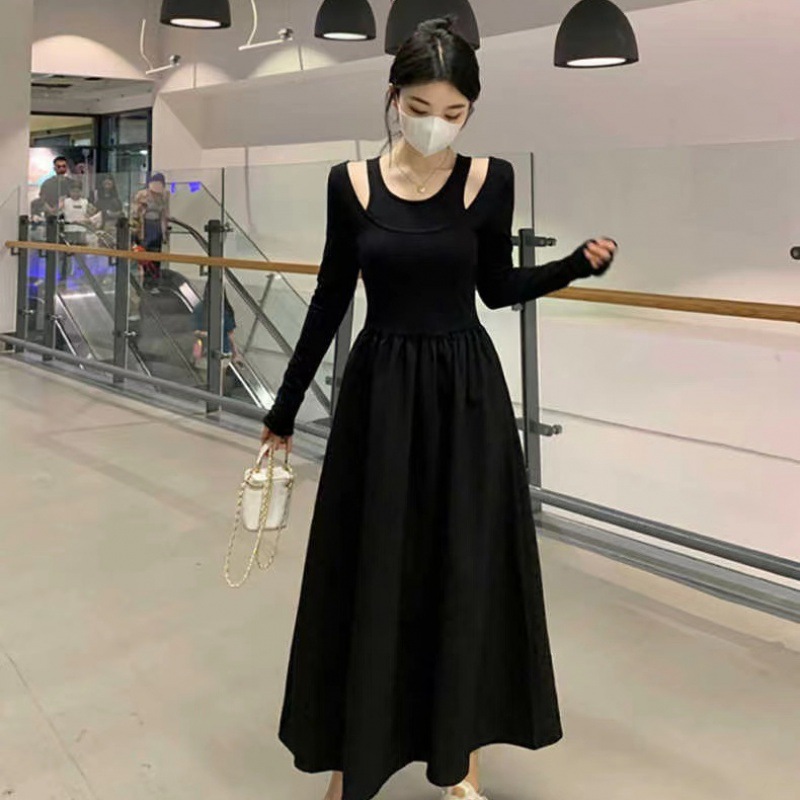 小众设计感垂坠感长袖连衣裙大码女装胖mm显瘦裙子黑色长裙高级