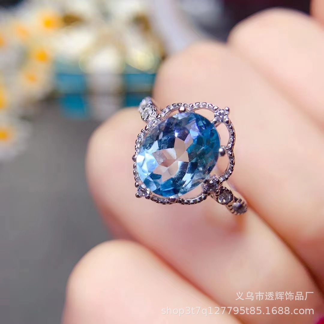 天然瑞士蓝托帕石纯银戒指批发 925银托镶嵌8*10彩宝裸石简约指环