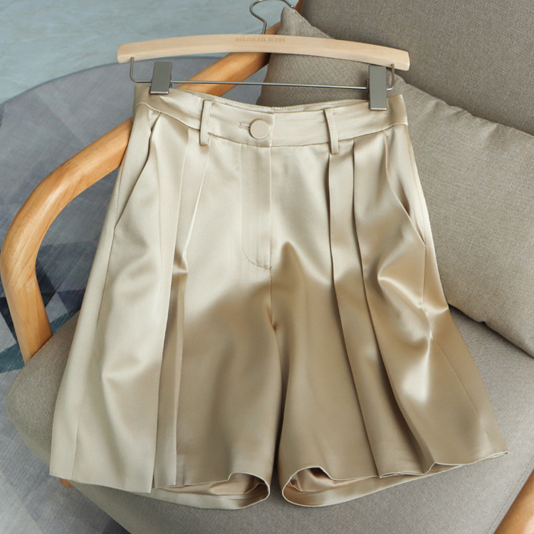 Summer 2023 Triacetate Shorts Suit Pants Women's Casual Cropped Pants Pearlescent Glossy Wide-Leg Pants A- line High Waist White